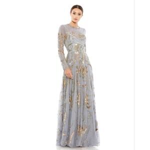 Mac Duggal LONG SLEEVE EMBELLISHED ILLUSION GOWN EVENING IN PLATINUM AND GOLD.
